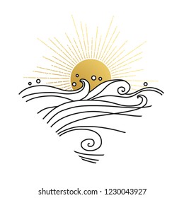 Sun and sea waves. Vector hand drawn illustration in vintage boho style