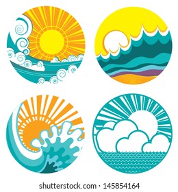 sun and sea waves. Vector icons of  illustration of seascape