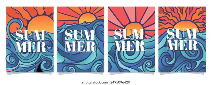 ondulaciones de sol y mar de concepto de verano ondulado para imprimir, tarjetas de felicitación o Plantillas de libros. fondo abstracto de verano set Ilustración vectorial.