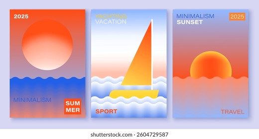 Sun, sea, yacht cards set. Waves, sky, sunset, sunrise, sea wiev posters. Bright colorful gradients. 