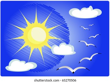 The sun, seagulls, the sky, clouds. A vectorial picture.