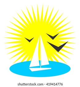 Sun with seagulls and white yacht in the sea