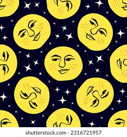 sun seamless background. Funny funkily pattern of Moon with smiling face. illustration in cartoon style