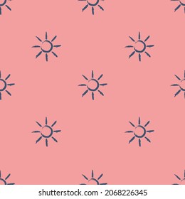 Sun seamless pattern. Blue watercolor sun on a pink background.