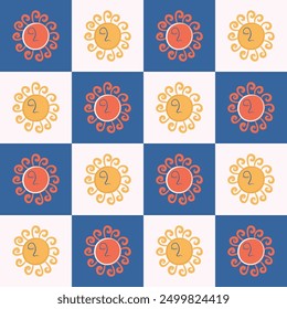 Sun seamless pattern. Boho style background with mystical Sun on checkered backdrop. Hand drawn flat design vector illustration.
