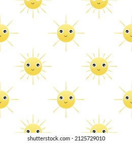 sun seamless pattern with cheerful face on white background