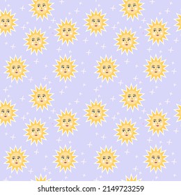 Sun seamless pattern. Cute hand drawn vector background with planets. Perfect for creating fabrics, textiles, wrapping paper, packaging.
