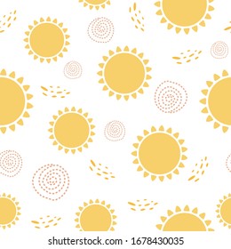 Sun seamless pattern. Cute sunny yellow summer background Sunshine print Sun symbols wallpaper in vector