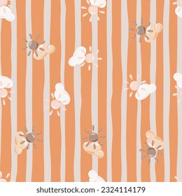 Sun seamless pattern in doodle style. Simple decorative backdrop for fabric design, textile print, wrapping, cover. Vector illustration.