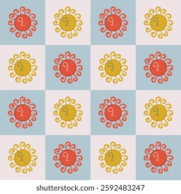 Sun seamless pattern. Happy Easter print. Boho style background with mystical Sun on checkered backdrop. Hand drawn flat design vector illustration.
