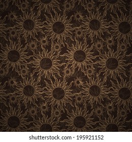 Sun seamless pattern on the brown background