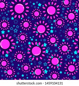 Sun seamless pattern on white background. Paper print design. Abstract retro vector illustration. Trendy textile, fabric, wrapping. Modern space decoration.