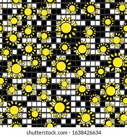 Sun seamless pattern on white background. Paper print design. Abstract retro vector illustration. Trendy textile, fabric, wrapping. Modern space decoration.
