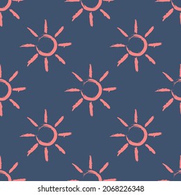 Sun seamless pattern. Pink watercolor sun on a blue background.