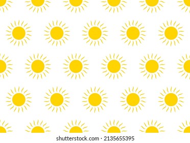 Sun seamless pattern. Spring and summer seamless pattern. Yellow sun with sunshine. Kid icon. Child illustration. Happy abstract wallpaper. Cartoon decoration background. Vector.