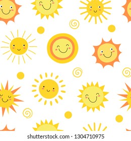 SUN SEAMLESS PATTERN. Summer hot weather sunshine heat funny. Doodle sun vector endless texture