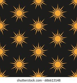 Sun. Seamless pattern. Vector illustration on a black background. Swatch inside. Flat design style.