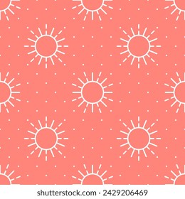 Sun seamless pattern. White vector stylized elements on red dotted background. Best for textile, wallpapers, wrapping paper, package and web design.