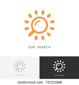 Sun search logo - sunshine and sunlight with loupe or magnifier symbol. Travel agency, warm sunny weather and hot summer vector icon.