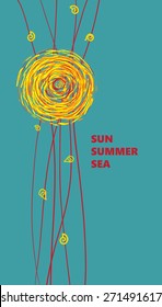 Sun and seashells, advertising poster, cartoon style. Vector illustration. Best for your web banner, postcard, textiles, invitations