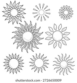 Sol, conjunto de esboços preto-e-branco. Ilustração vetorial. Coleção de símbolos de clima ensolarado, verão, raios de luz e sol e energia, isolados em um fundo branco.