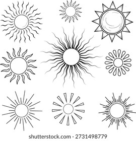 Sun, set of black-and-white sketches. Vector illustration. Collection of symbols of sunny weather, summer, light and sun rays and energy, isolated on a white background.Not AI