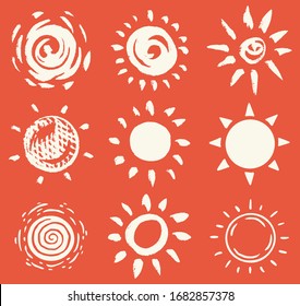 Sun set. Brush strokes. Rays collection on red background. Hand drawn black icons. Engraved Monochrome Vintage Sketch. Ink elements. Vector illustration. 