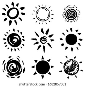 Sun set. Brush strokes. Rays collection on white background. Hand drawn black icons. Engraved Monochrome Vintage Sketch. Ink elements. Vector illustration. 