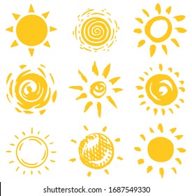 Sun set. Brush strokes. Rays collection on white background. Hand drawn black icons. Engraved Monochrome Vintage Sketch. Ink elements. Vector illustration. 