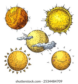 sun set hand drawn. sunshine rays, energy star, heliosphere photosynthesis sun vector sketch. isolated color illustration