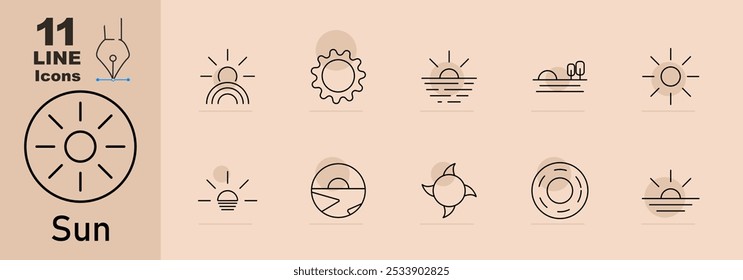 Sun set icon. Sunset over water, rising behind clouds, rays around circle, gears, circular rays, sunset with lines, sunrise with trees, rays with dots, spiral