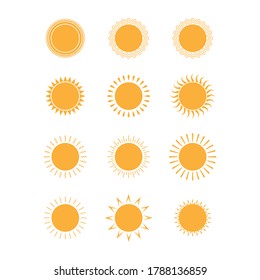 sun. Set of icons, collection of colored sun elements for stickers, stickers and theme design Vector illustration. Flat design isolated on white background