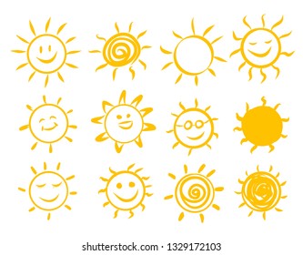Sun set icons drawn by hand, vector illustration. Sun cartoon