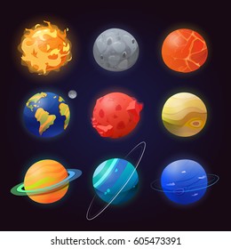 Sun and set of isolated planets like neptune and pluto, mars and venus, saturn with rings and uranus, jupiter and mercury, earth with moon satellite. Cosmos or cosmo, planetary science, astronomy