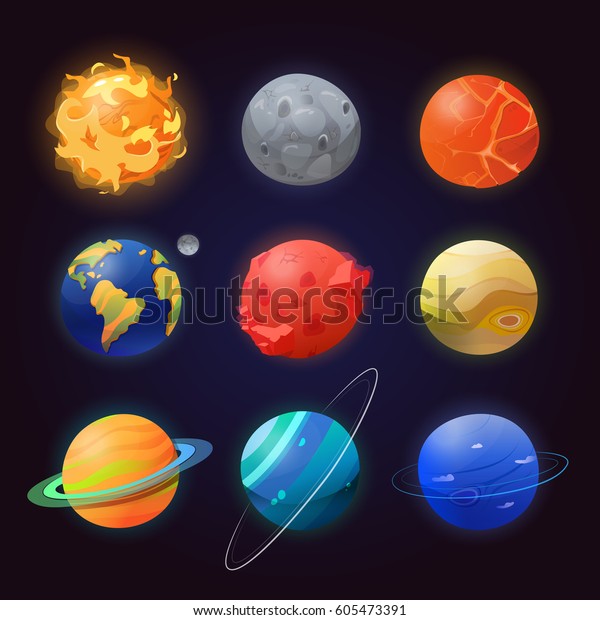 Sun and set of isolated planets like neptune\
and pluto, mars and venus, saturn with rings and uranus, jupiter\
and mercury, earth with moon satellite. Cosmos or cosmo, planetary\
science, astronomy