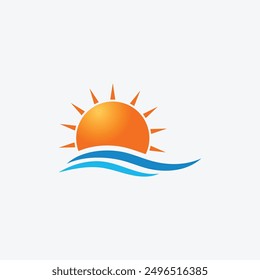 Sun set logo, island, sunset, beach, blue, nature, sun, sea, ocean, water fully editable vector logo