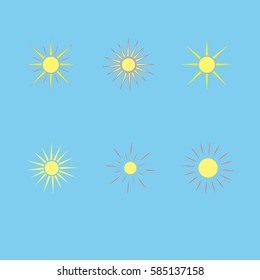 The sun set on blue background. Yellow solar mark. Bright, sunny icon good mood. Isolated logo spring, summer. Symbol hot, warm, sunlight and good weather. Flat vector image. Vector illustration.