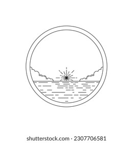 sun set on tropical beach.
monoline design isolated on circle in white background.