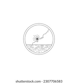 sun set on tropical beach.
monoline design isolated on circle in white background.