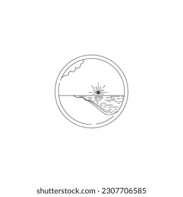 sun set on tropical beach.
monoline design isolated on circle in white background.