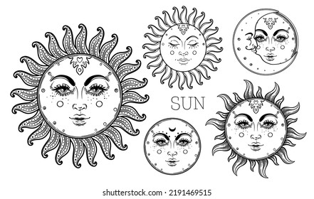 Sun Set. pagan Wicca moon goddess symbol. Three-faced Goddess: Maiden – Mother – Crone isolated vector illustration.  Tattoo, astrology, alchemy, boho and magic symbol. Coloring book.
