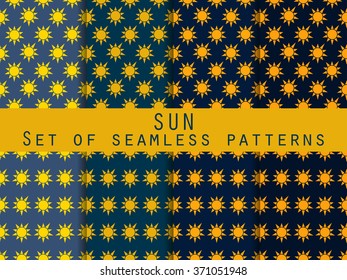 Sun. Set of seamless patterns. The pattern for wallpaper, bed linen, tiles, fabrics, backgrounds. Vector illustration.
