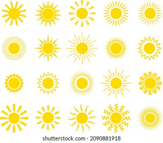 The sun. A set of suns of different shapes. Sun rays icons isolated on white background