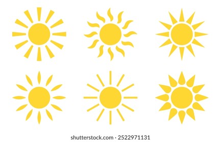 Sun set. Sunshine icons. Yellow sun star icons. Vector graphics. Sun icons. Elements for design. Vector illustration