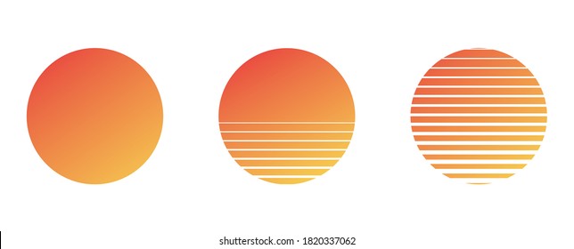 sun set of vector planets isolated on white background.Flat design. Summer vector illustration. 1980s vintage music