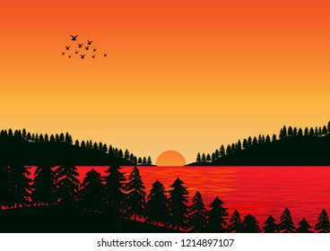 sun set view, landscape lake in evening moode. vector illustration background