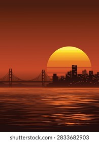 Sun sets behind city skyline, casting warm glow. Golden orb dips low, illuminating waters below. Bridge spans calm surface, reflecting light's hue. Skyscrapers stand dark, silhouetted against dusk