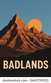 The sun sets behind the dramatic rock formations of Badlands National Park, casting long shadows across the rugged landscape. 