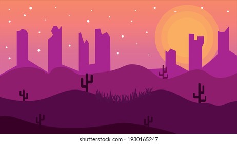 El sol se pone en el desierto. Silueta de rocas, cactus y plantas. Paisaje del desierto con cactus.