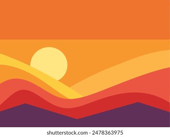 The sun sets over colorful mountains with amber and orange hues in the sky